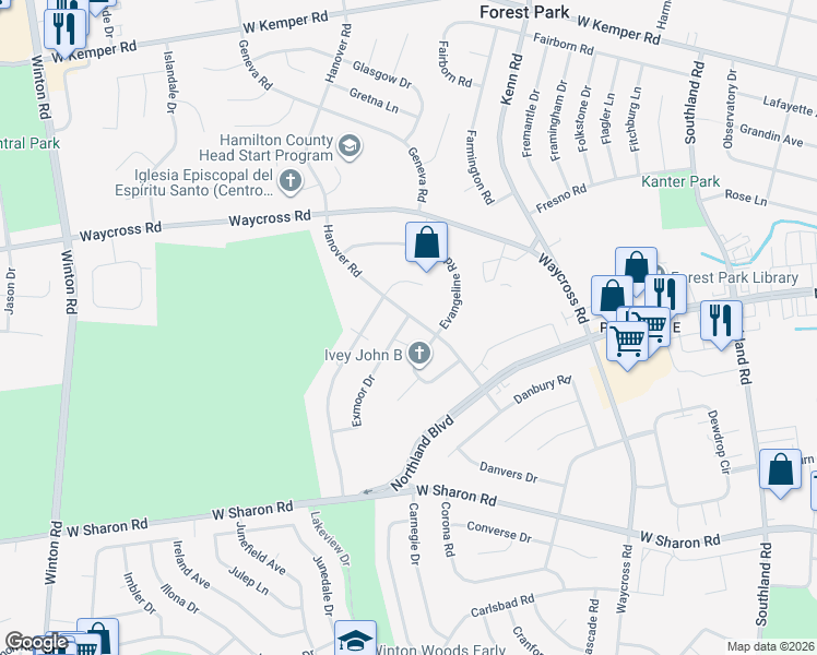 map of restaurants, bars, coffee shops, grocery stores, and more near 767 Exmoor Drive in Cincinnati