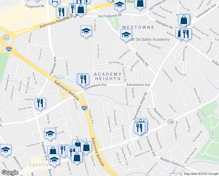 map of restaurants, bars, coffee shops, grocery stores, and more near 19 Somerset Road in Catonsville