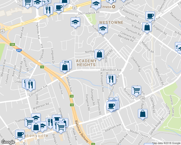 map of restaurants, bars, coffee shops, grocery stores, and more near 15 Somerset Road in Catonsville