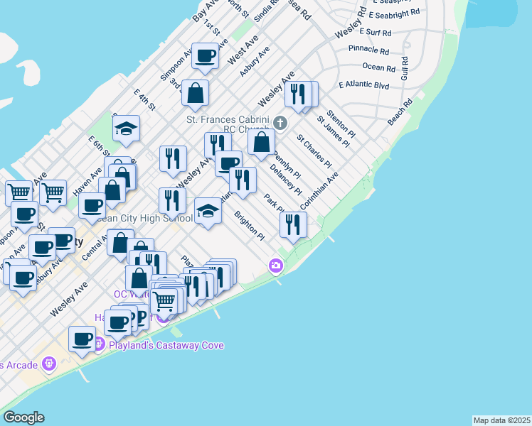 map of restaurants, bars, coffee shops, grocery stores, and more near 884 Park Place in Ocean City
