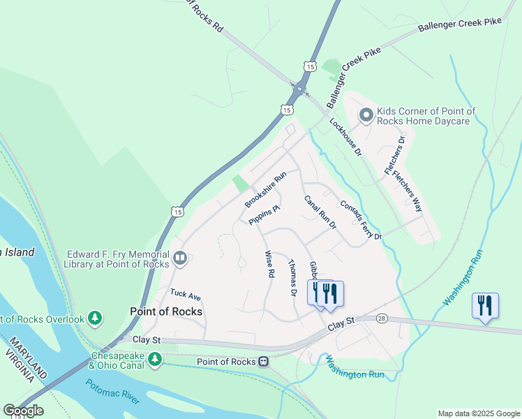 map of restaurants, bars, coffee shops, grocery stores, and more near 3808 Pippins Place in Point of Rocks