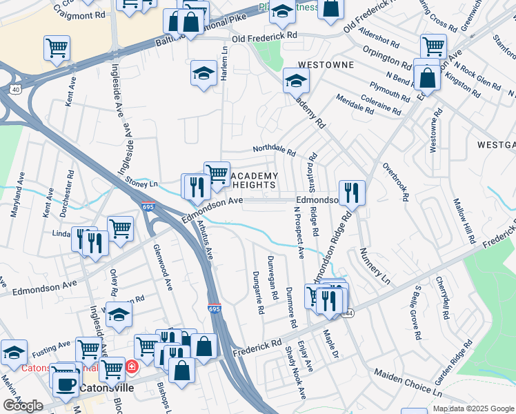 map of restaurants, bars, coffee shops, grocery stores, and more near 19 Somerset Road in Catonsville