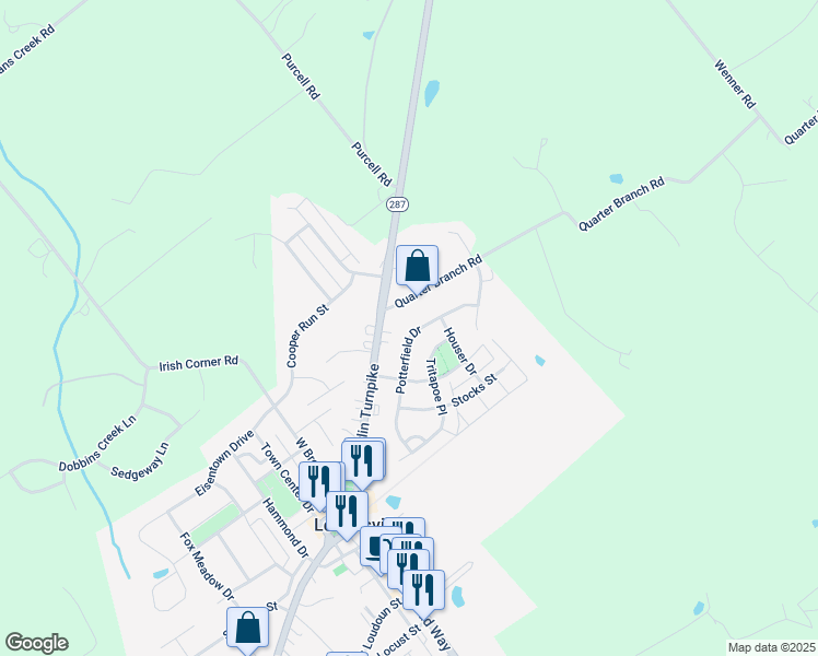 map of restaurants, bars, coffee shops, grocery stores, and more near 43 Potterfield Drive in Lovettsville