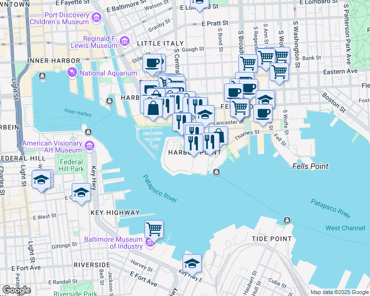 map of restaurants, bars, coffee shops, grocery stores, and more near 1300 Point Street in Baltimore