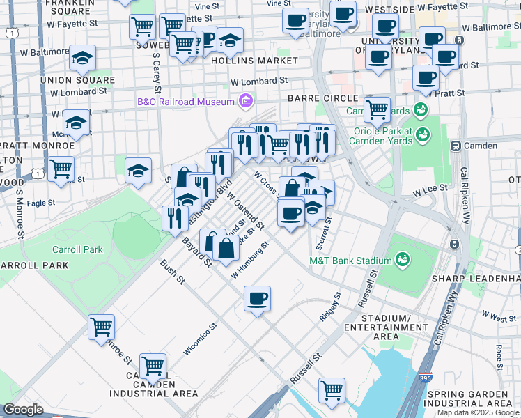 map of restaurants, bars, coffee shops, grocery stores, and more near 1159 Cleveland Street in Baltimore