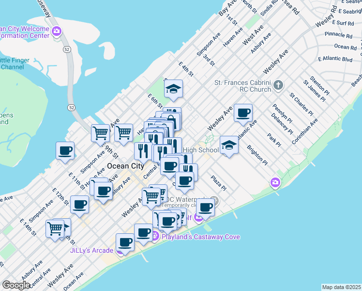 map of restaurants, bars, coffee shops, grocery stores, and more near 629 Central Avenue in Ocean City