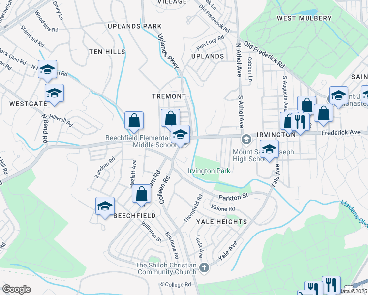 map of restaurants, bars, coffee shops, grocery stores, and more near 301 South Beechfield Avenue in Baltimore