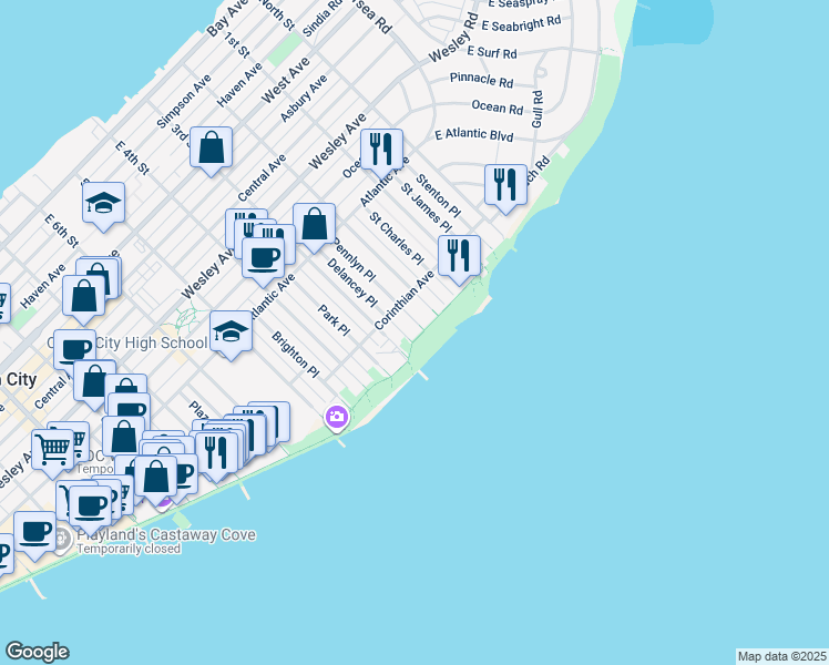 map of restaurants, bars, coffee shops, grocery stores, and more near 232-242 Boardwalk in Ocean City