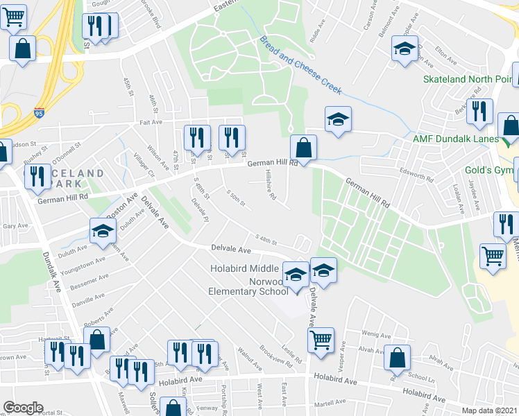map of restaurants, bars, coffee shops, grocery stores, and more near 833 South 50th Street in Dundalk