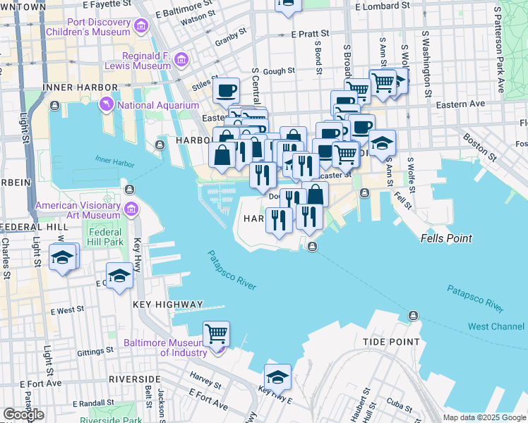 map of restaurants, bars, coffee shops, grocery stores, and more near 1307 Point Street in Baltimore