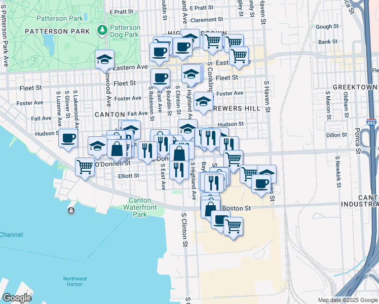 map of restaurants, bars, coffee shops, grocery stores, and more near 1026 South Highland Avenue in Baltimore