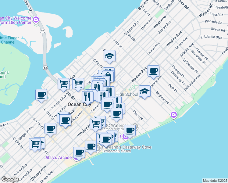 map of restaurants, bars, coffee shops, grocery stores, and more near 501 East 7th Street in Ocean City
