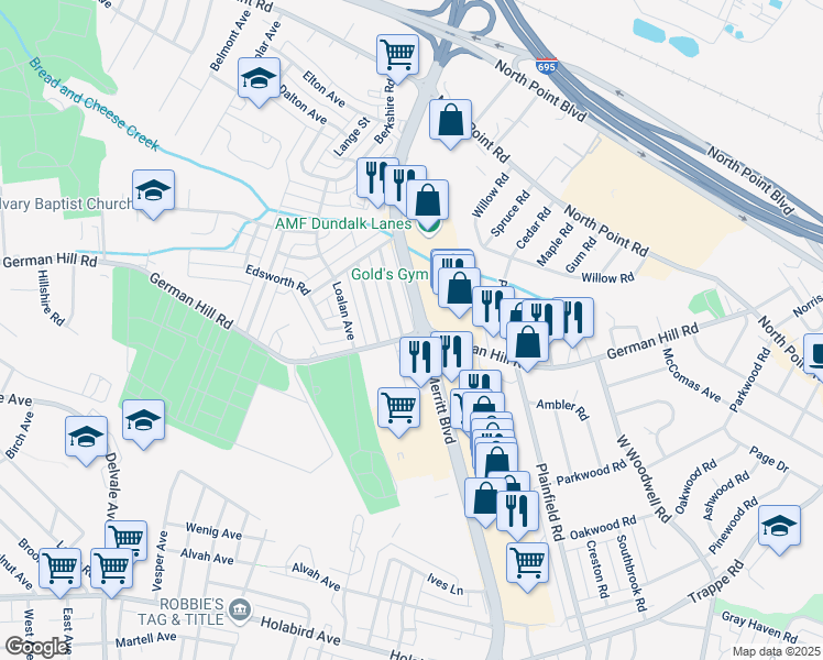 map of restaurants, bars, coffee shops, grocery stores, and more near 899 Mildred Avenue in Dundalk