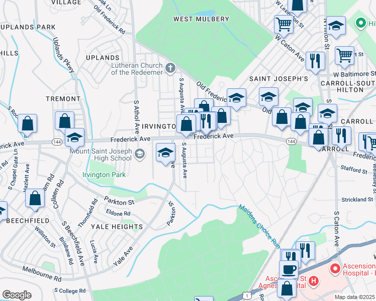 map of restaurants, bars, coffee shops, grocery stores, and more near 311 South Augusta Avenue in Baltimore