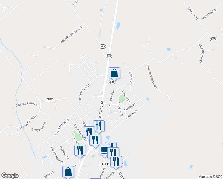 map of restaurants, bars, coffee shops, grocery stores, and more near 43 Potterfield Drive in Lovettsville