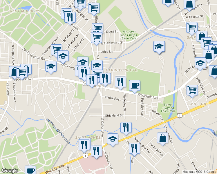 map of restaurants, bars, coffee shops, grocery stores, and more near 3216 Frederick Ave in Baltimore