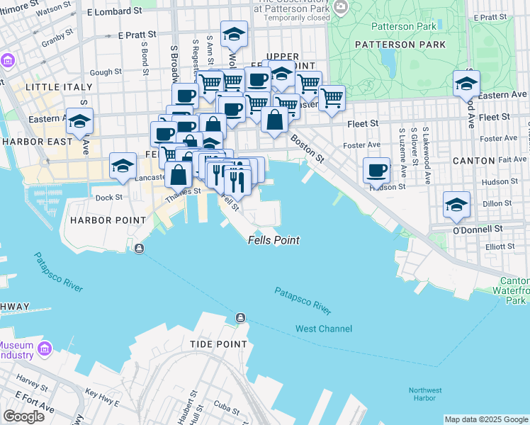 map of restaurants, bars, coffee shops, grocery stores, and more near 951 Fell Street in Baltimore