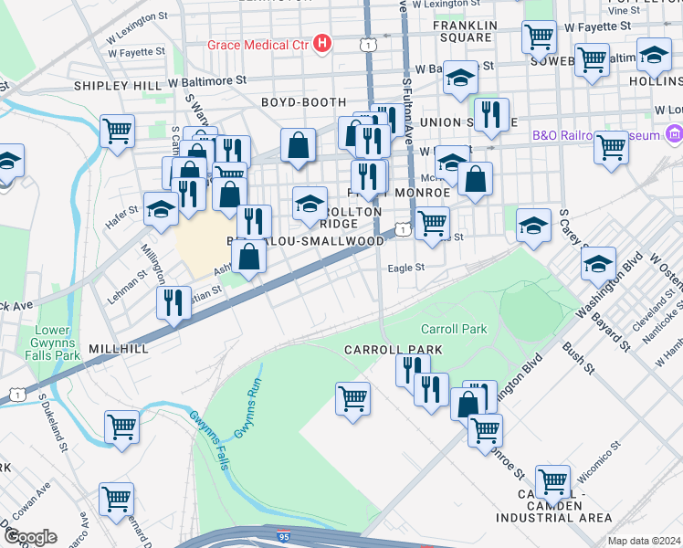 map of restaurants, bars, coffee shops, grocery stores, and more near 2022 Eagle Street in Baltimore