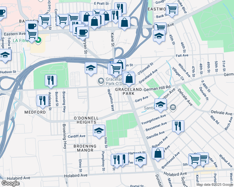 map of restaurants, bars, coffee shops, grocery stores, and more near 1118 Steelton Avenue in Baltimore