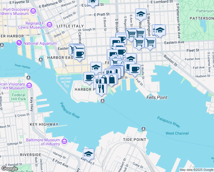 map of restaurants, bars, coffee shops, grocery stores, and more near 1532 Thames Street in Baltimore