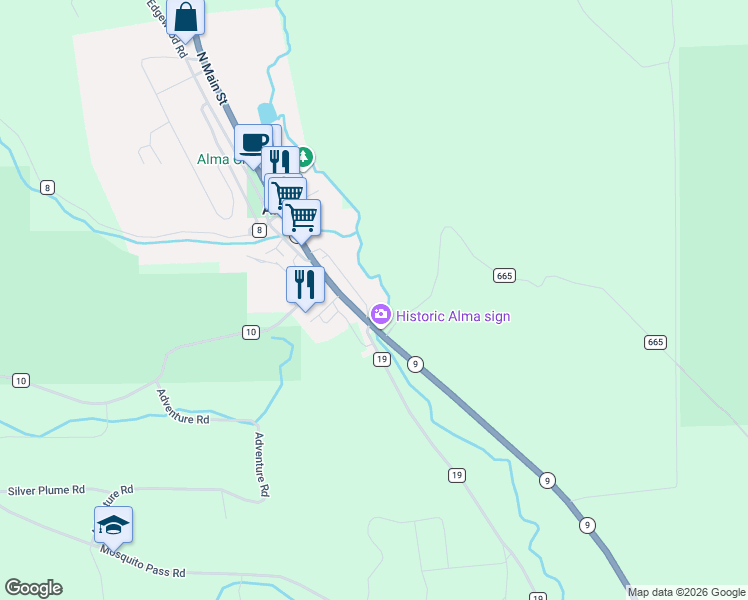 map of restaurants, bars, coffee shops, grocery stores, and more near 240 South Main Street in Alma
