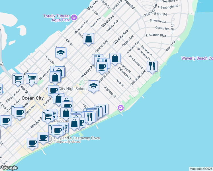 map of restaurants, bars, coffee shops, grocery stores, and more near in Ocean City