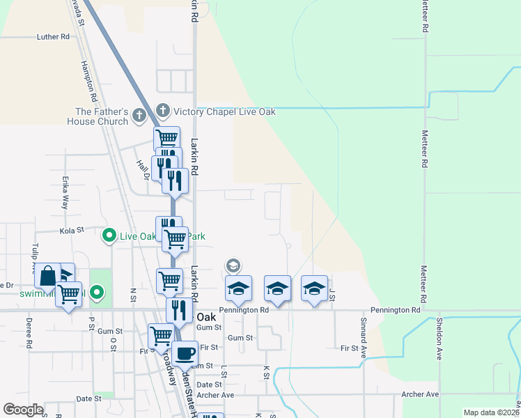map of restaurants, bars, coffee shops, grocery stores, and more near 2356 Walnut Drive in Live Oak
