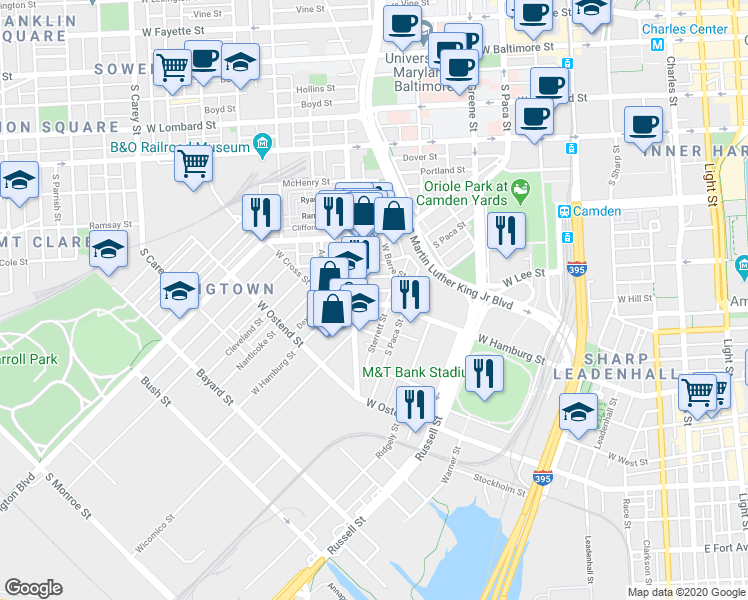 map of restaurants, bars, coffee shops, grocery stores, and more near 766 West Hamburg Street in Baltimore