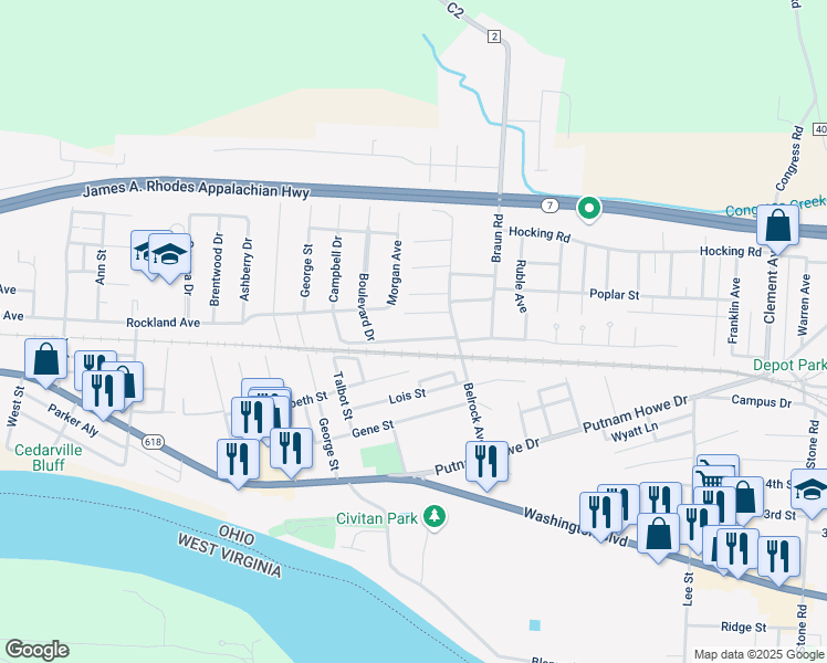 map of restaurants, bars, coffee shops, grocery stores, and more near 1517 Boulevard Drive in Belpre