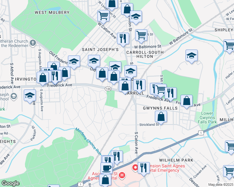 map of restaurants, bars, coffee shops, grocery stores, and more near 3421 Frederick Avenue in Baltimore