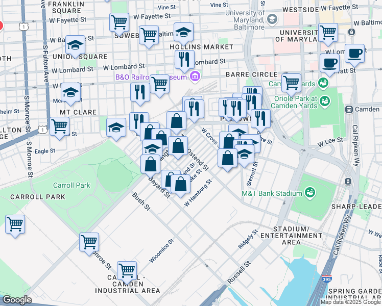 map of restaurants, bars, coffee shops, grocery stores, and more near W Ostend St & Carroll St in Baltimore