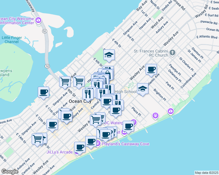 map of restaurants, bars, coffee shops, grocery stores, and more near 638 Central Avenue in Ocean City