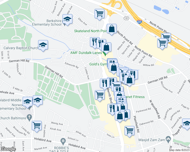 map of restaurants, bars, coffee shops, grocery stores, and more near 875 Jaydee Avenue in Dundalk