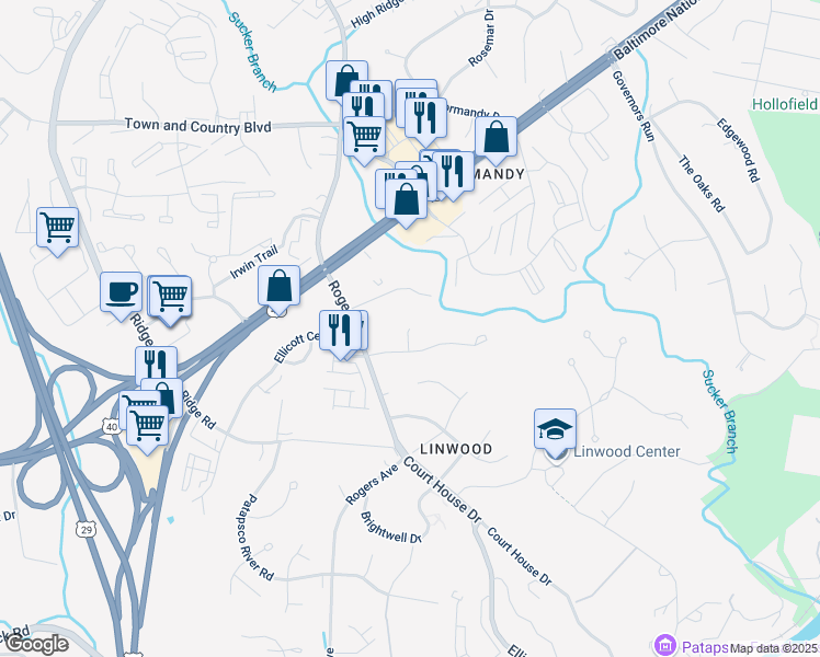 map of restaurants, bars, coffee shops, grocery stores, and more near 3316 Cara Court in Ellicott City