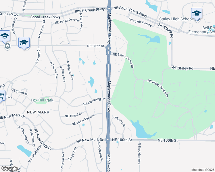map of restaurants, bars, coffee shops, grocery stores, and more near 10450 North Woodland Avenue in Kansas City