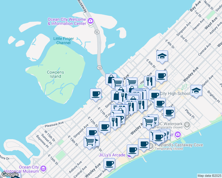 map of restaurants, bars, coffee shops, grocery stores, and more near 927 Bay Avenue in Ocean City