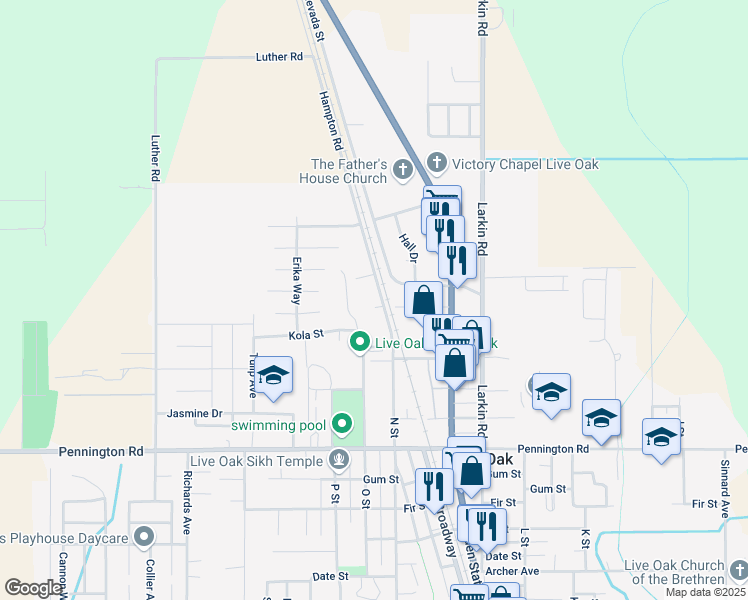 map of restaurants, bars, coffee shops, grocery stores, and more near 10298 N Street in Live Oak