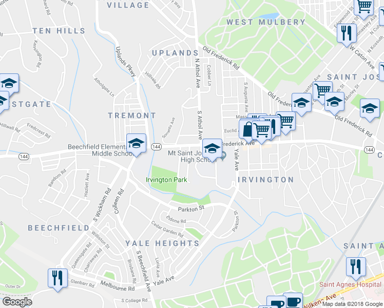 map of restaurants, bars, coffee shops, grocery stores, and more near South Athol Avenue in Baltimore
