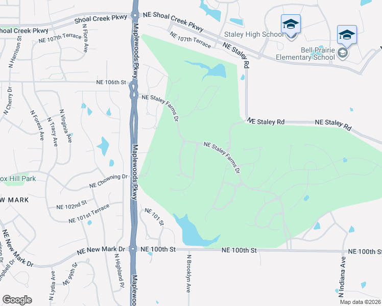 map of restaurants, bars, coffee shops, grocery stores, and more near 10300 North Brooklyn Avenue in Kansas City