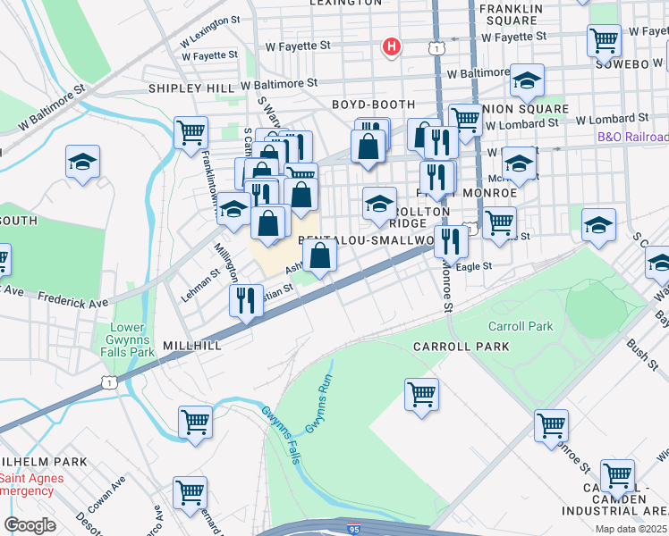 map of restaurants, bars, coffee shops, grocery stores, and more near Christian Street in Baltimore