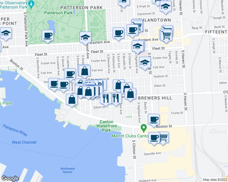 map of restaurants, bars, coffee shops, grocery stores, and more near 1008 South Robinson Street in Baltimore