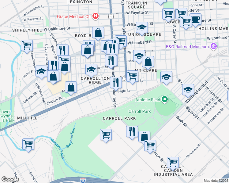 map of restaurants, bars, coffee shops, grocery stores, and more near S Monroe St & Eagle St in Baltimore