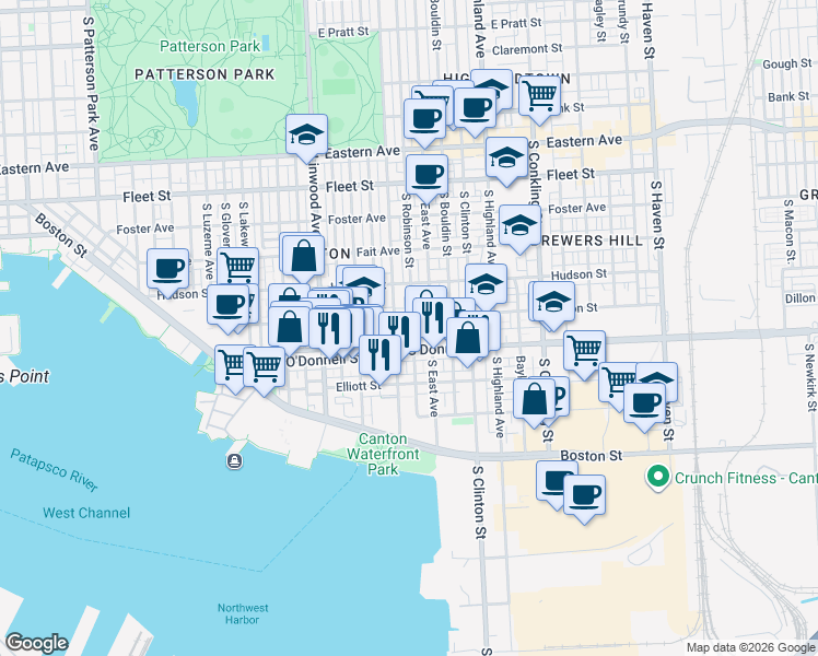 map of restaurants, bars, coffee shops, grocery stores, and more near 1008 South Robinson Street in Baltimore