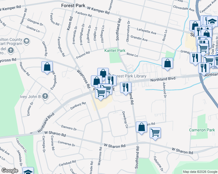 map of restaurants, bars, coffee shops, grocery stores, and more near in Forest Park