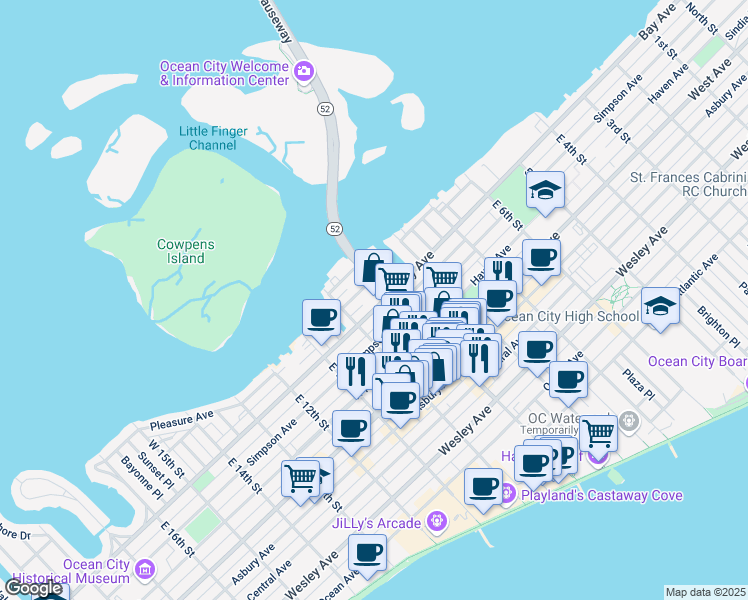 map of restaurants, bars, coffee shops, grocery stores, and more near 927 Bay Avenue in Ocean City