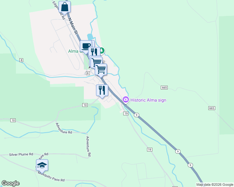 map of restaurants, bars, coffee shops, grocery stores, and more near 44 Singleton Road in Fairplay