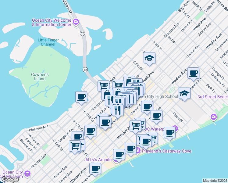 map of restaurants, bars, coffee shops, grocery stores, and more near 800 West Avenue in Ocean City
