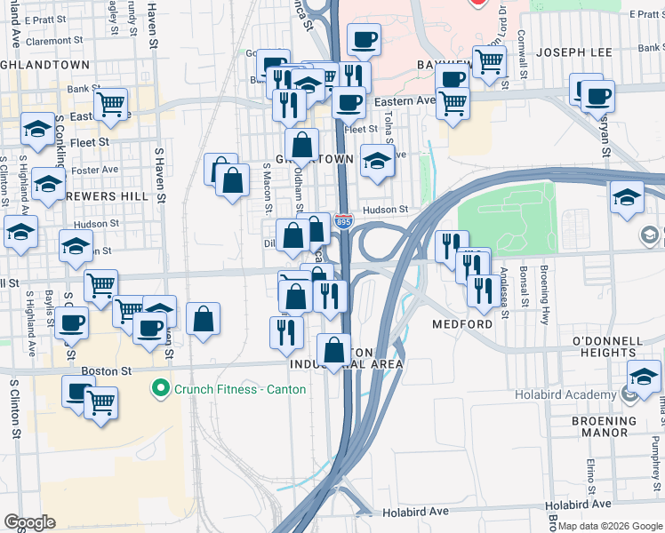 map of restaurants, bars, coffee shops, grocery stores, and more near O Donnell Street in Baltimore