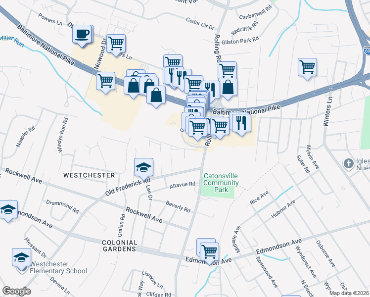 map of restaurants, bars, coffee shops, grocery stores, and more near 4 Winesap Court in Catonsville