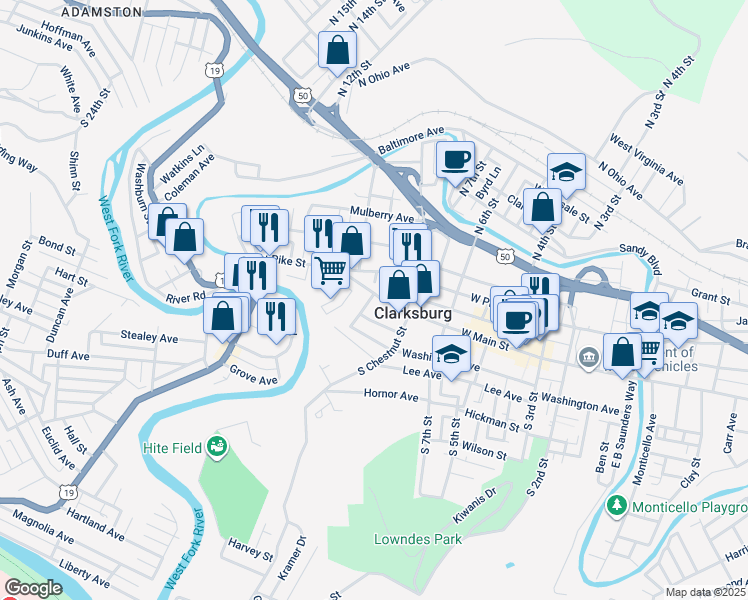 map of restaurants, bars, coffee shops, grocery stores, and more near 628 Dale Avenue in Clarksburg